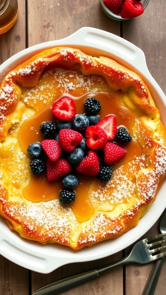 Classic Dutch Baby Pancake Recipe A fluffy Dutch baby pancake in an 8x8 dish, topped with powdered sugar and fresh berries.